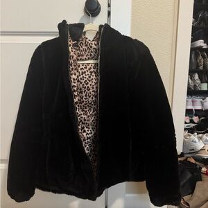 Reversible Black Faux Fur-Leopard Print Coat
